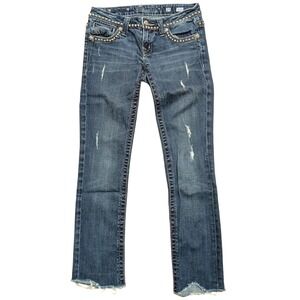 MISS ME Skinny Straight Jeans‎ Womens 25 BLING Studs Rhinestones Crystals Frayed
